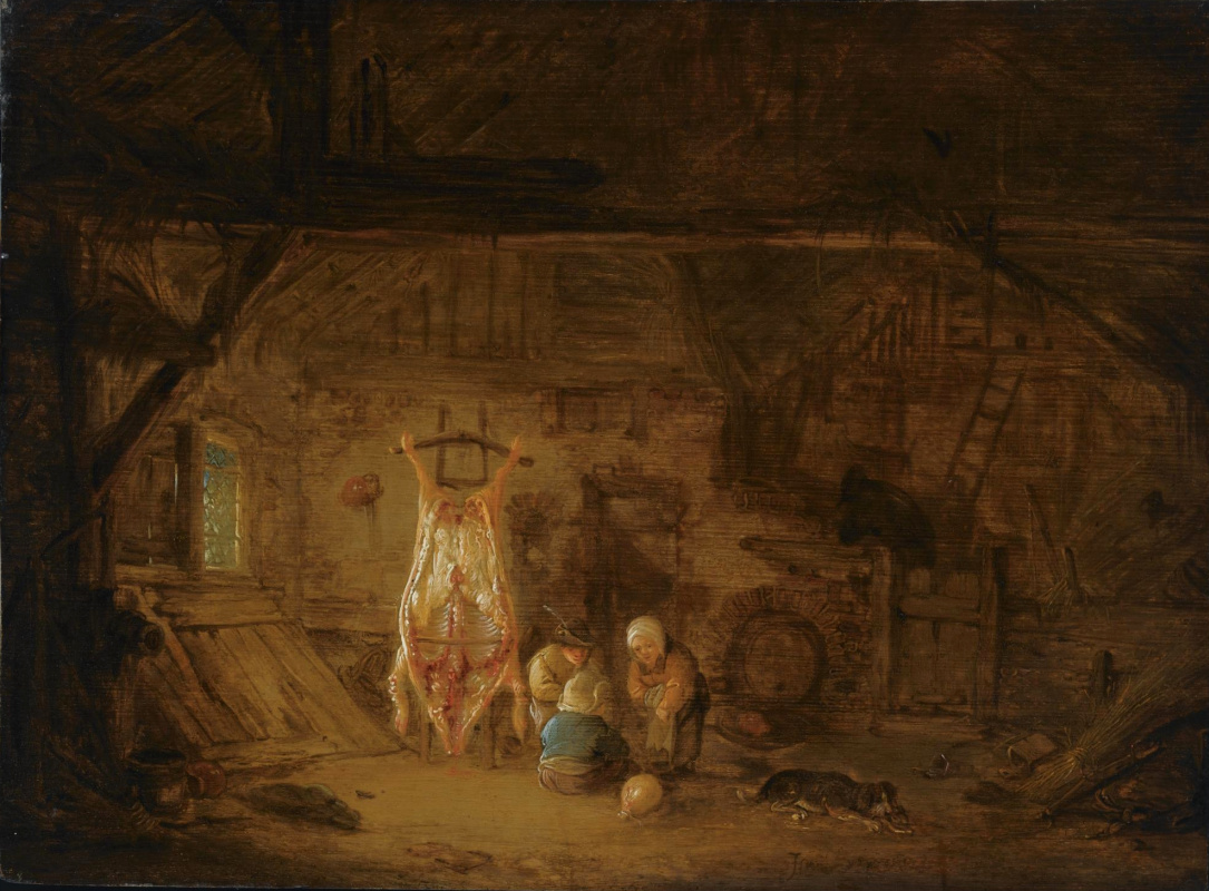 Isaac Jans van Ostade. Interior with three children playing from butchered pig carcasses