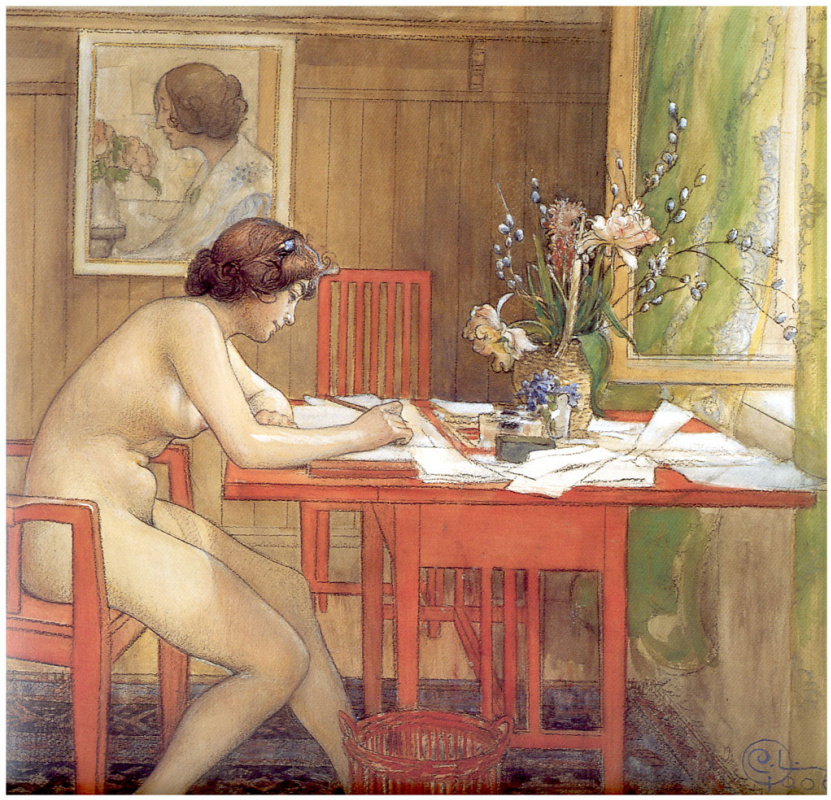 Carl Larsson. The model signs a postcard