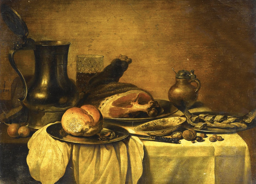 Pieter Claesz. Still life with an open jug, ham, bread, herring and nuts