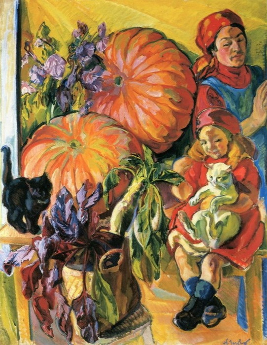 Nikolai Alexandrovich Tarkhov 1871-1930. Madame Tarkhova, her daughter, pumpkins and two cats