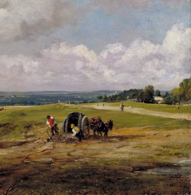 John Constable. Hampstead Heath, the view of the valley and working peasants. Snippet: the peasants in a cart