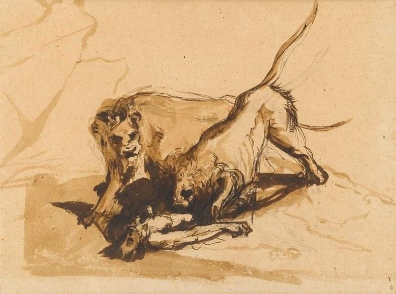Eugene Delacroix. A sketch of a man attacked by two lions