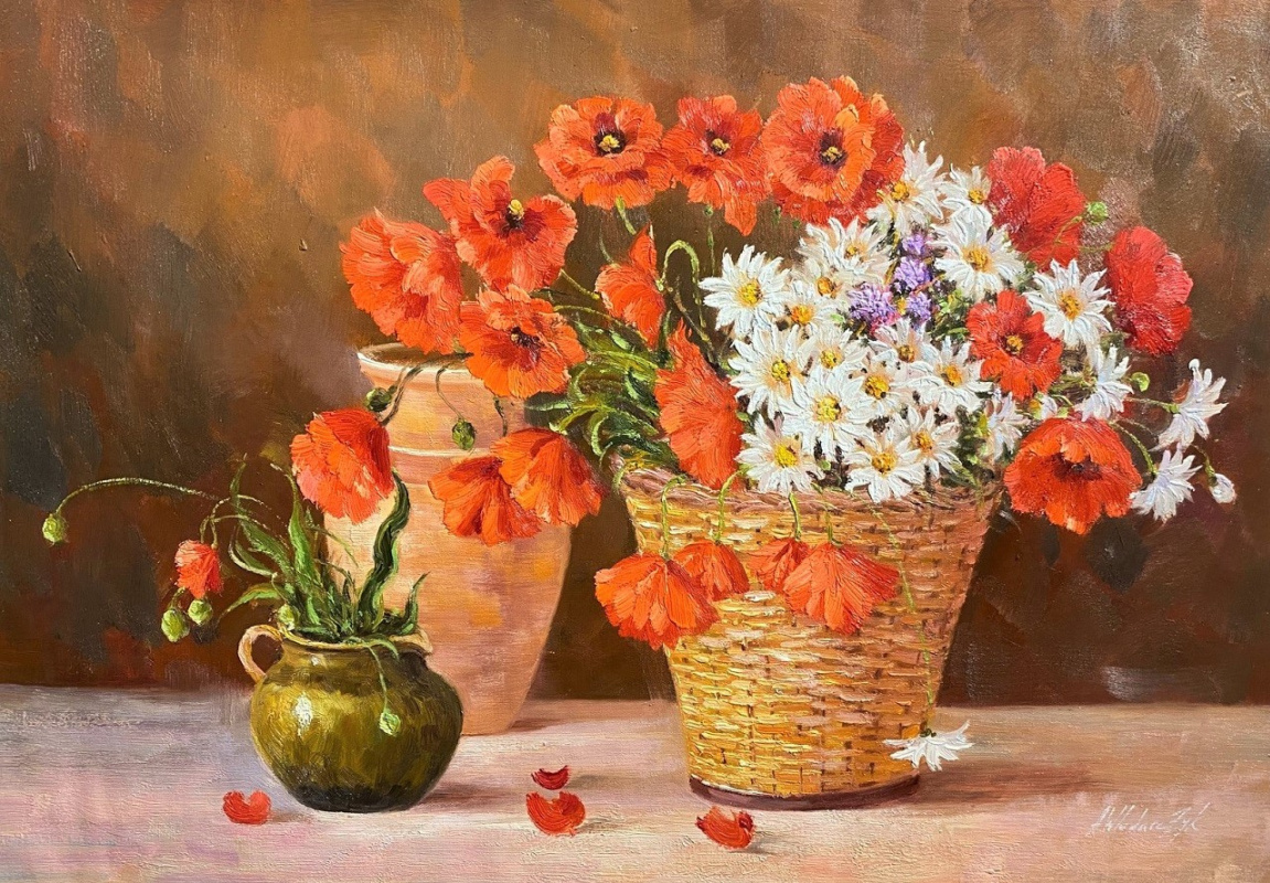 Andrzej Vlodarczyk. Poppies and daisies in a basket