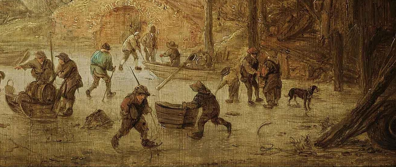 Winter landscape with skaters and children playing