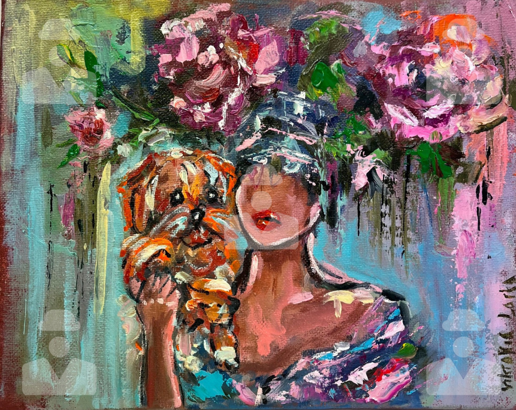 Victoria Latka. A faceless woman with peonies and a doggie
