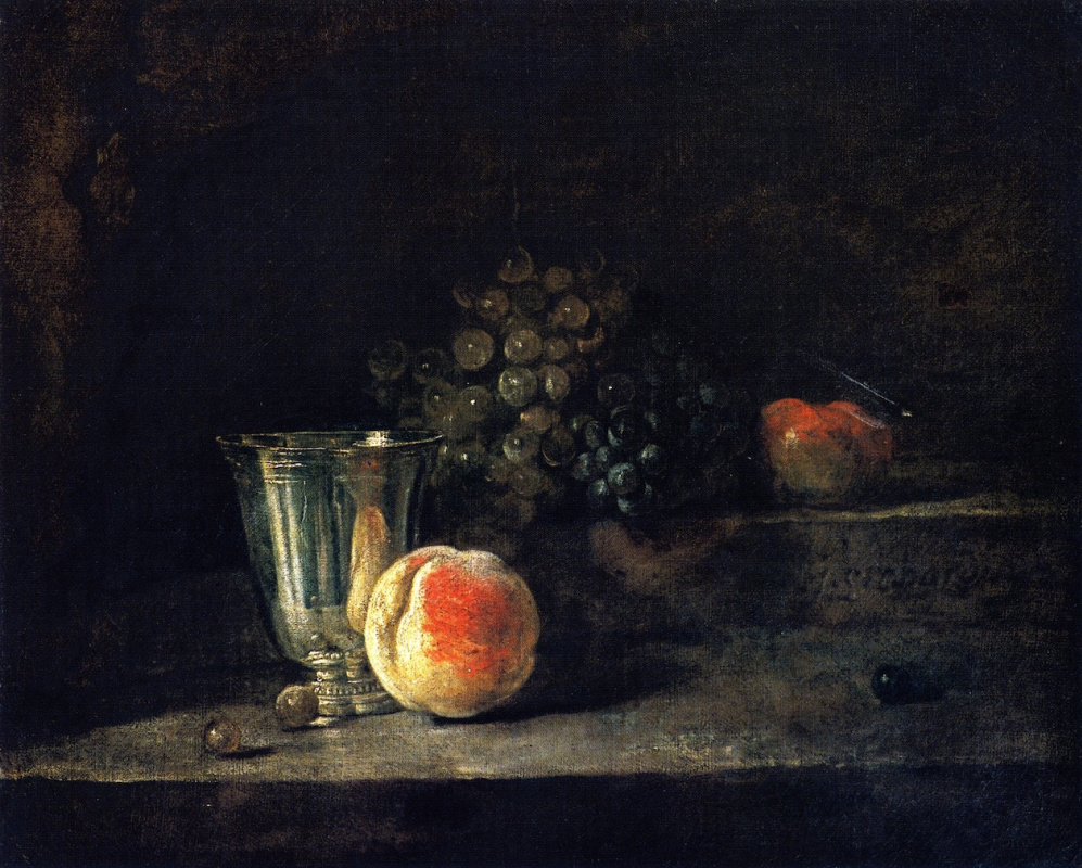 Still life with silver goblet, peach, red and white grapes, 1728, 56×46 ...