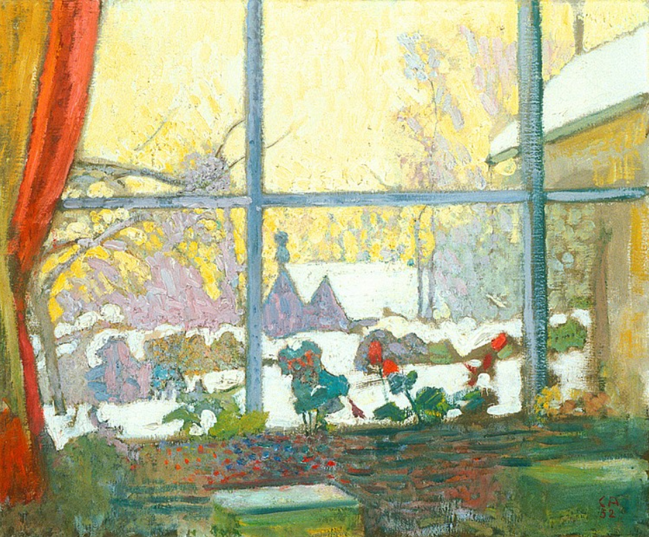 Cuno Amiet. Geranium and winter landscape outside the window