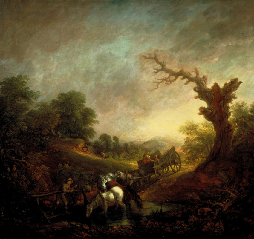 Thomas Gainsborough. Sunset and horses at the watering