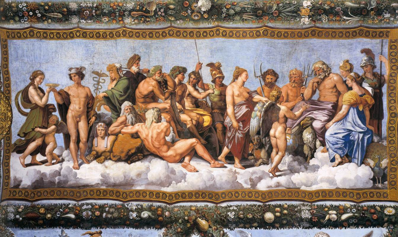 Raphael Sanzio. The Council of the gods, psyche meet on Olympus. Fresco the loggia of psyche, Villa Farnesina, Rome