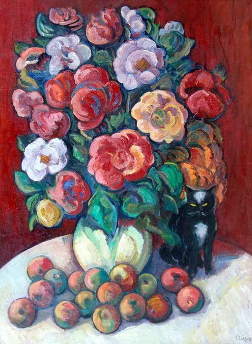 Nikolai Alexandrovich Tarkhov 1871-1930. Still Life with Flowers, Cat and Apples