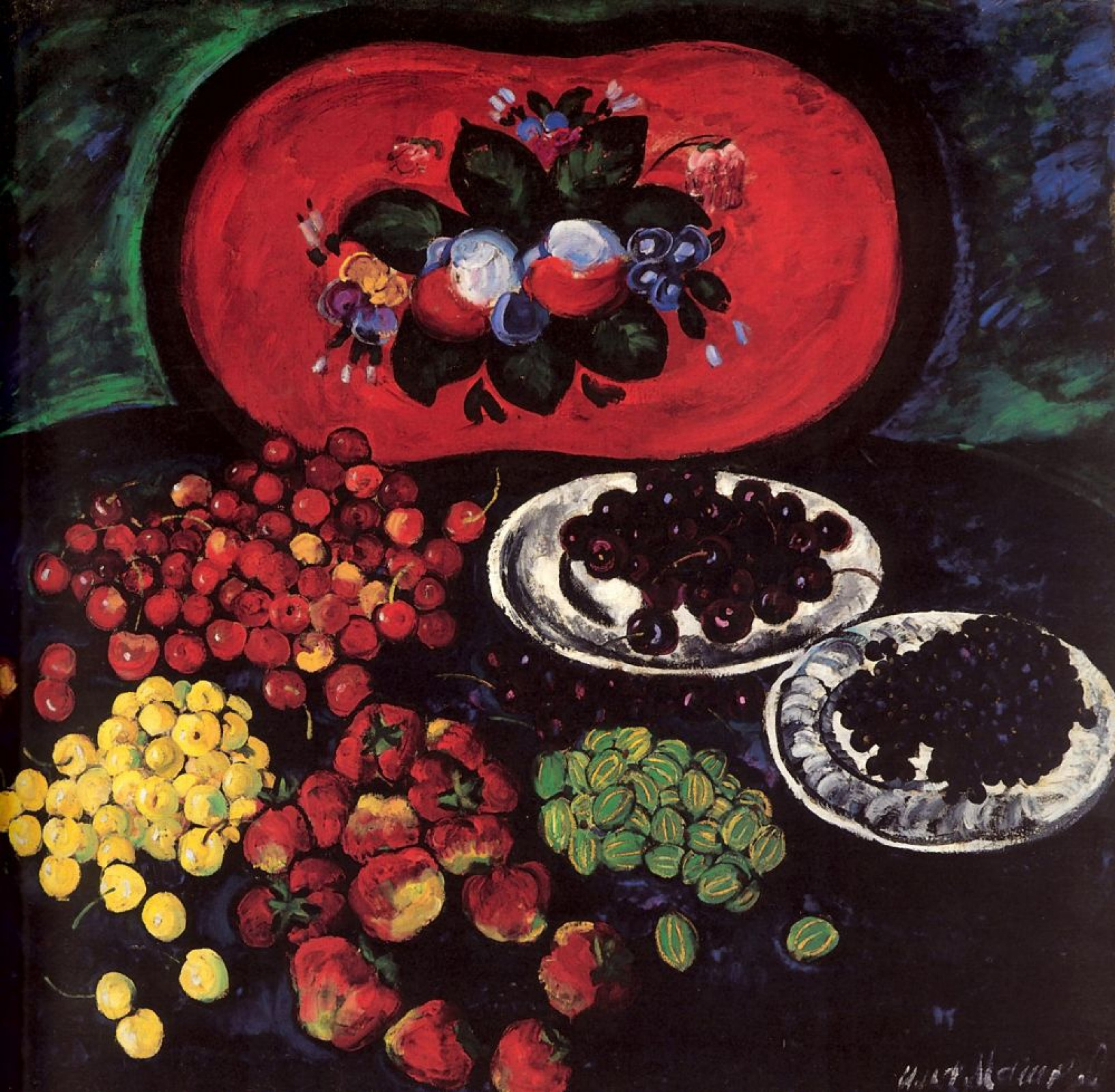 Ilya Mashkov. Berries on the background of a red tray