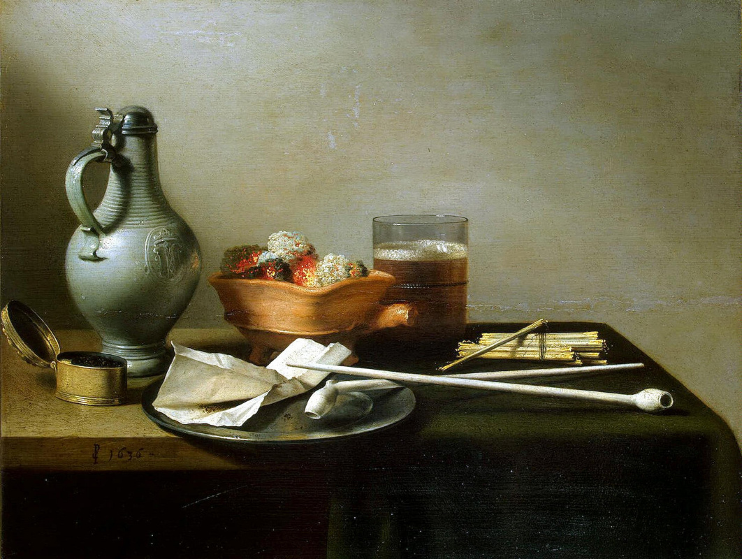 Pieter Claesz. Still life with clay pipes, tobacco and a jug