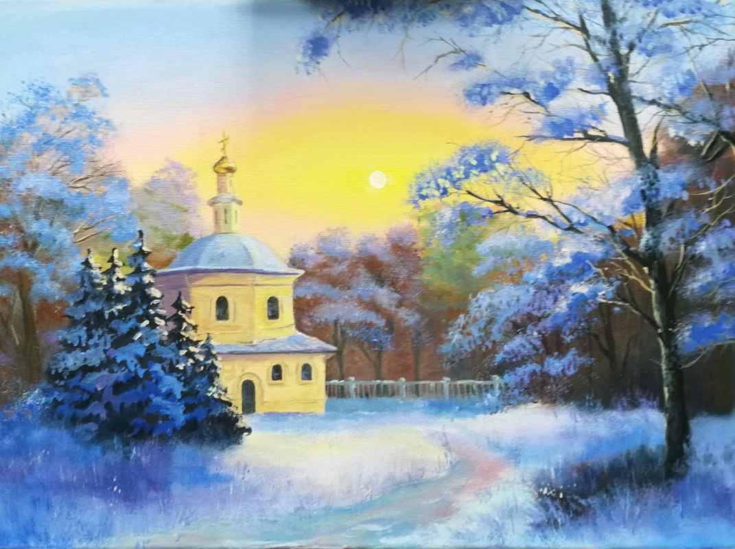 Церковь зима живопись