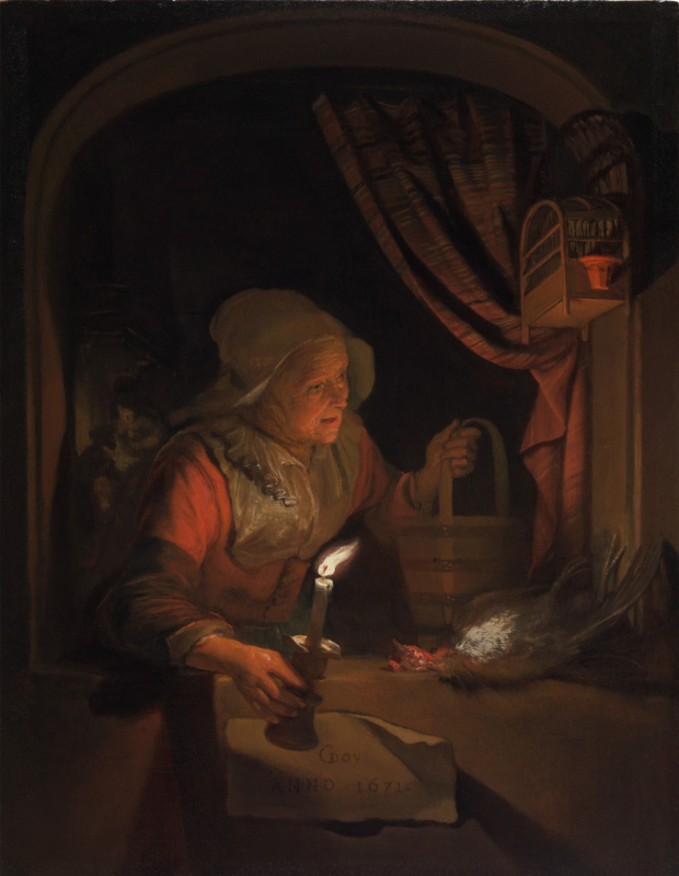 Gerrit (Gerard) Dow. The old woman in the window with a candle