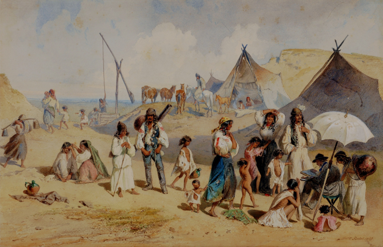 Carl Goebel. A gypsies' encampment in Wallachia, Romania with the artist sketching