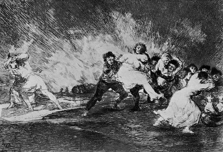 Francisco Goya. The series "disasters of war", page 41: They escape through the flames