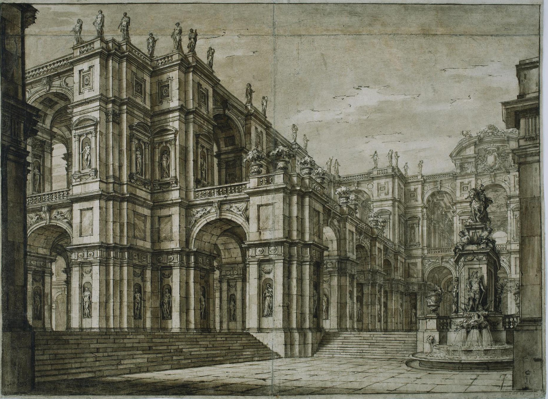 Giuseppe Valeriani. The Palace with many sculptures in niches and a fountain
