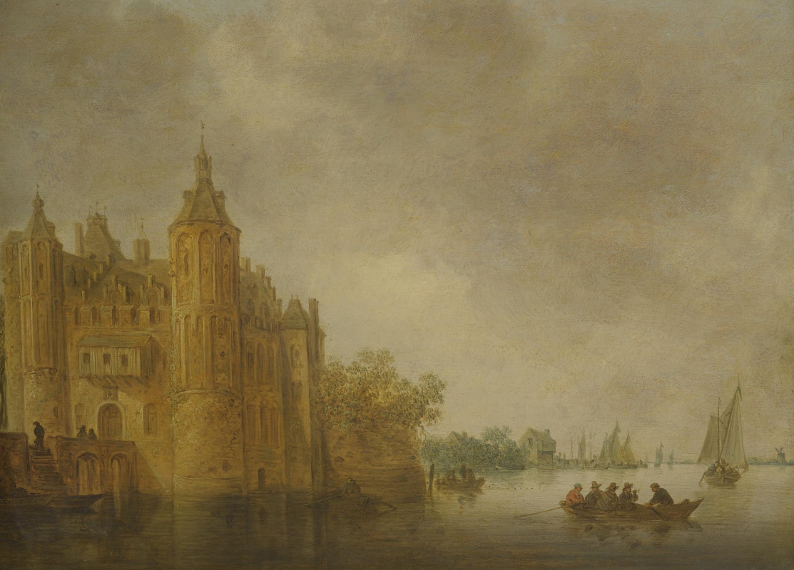 Jan van Goyen. Boats on the river front of the castle