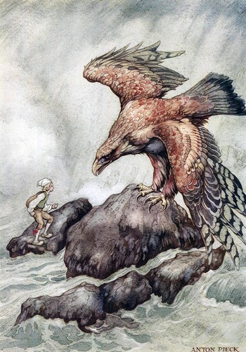 Anton Pieck. Journey of Nils with wild geese. Nils and the eagle