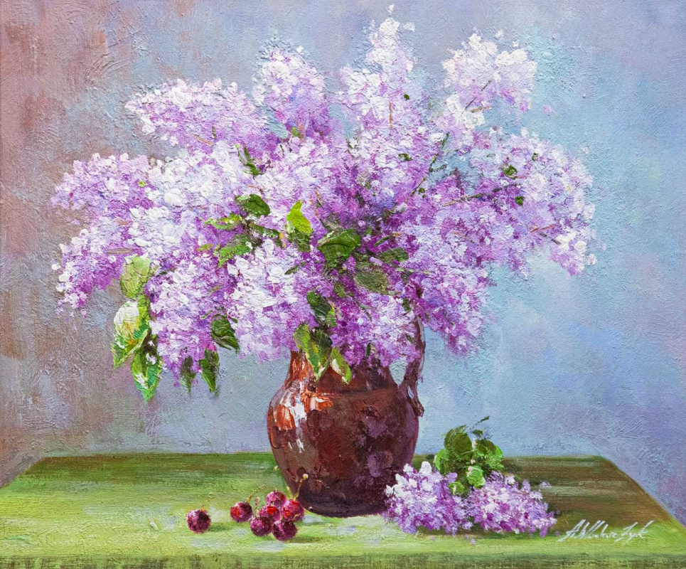 Buy an artwork: Bouquet of lilacs in a clay jug on the table by Andrzej ...