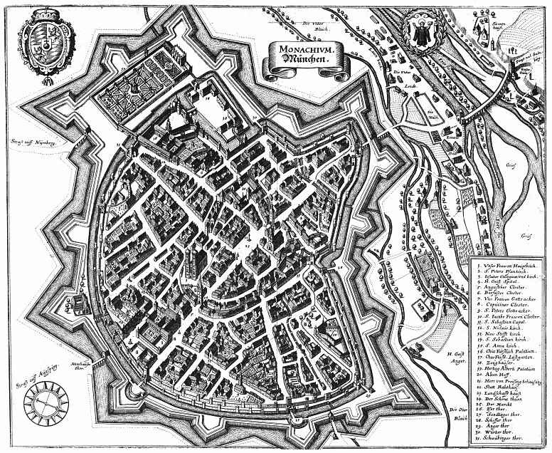 Matthaus Merian Elder. Munich, panoramic plan of the South-West