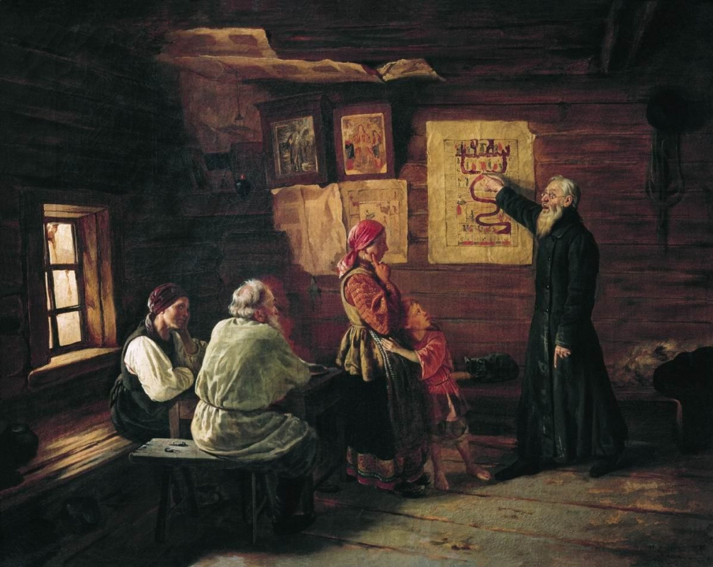 Vasily Vladimirovich Pukirev. Sexton explains to the peasants the picture of the last judgment