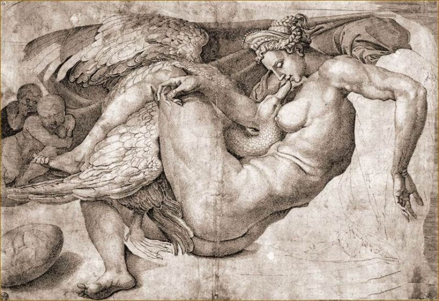 Michelangelo Buonarroti. Engraving with the destruction of the painting "Leda and the Swan"