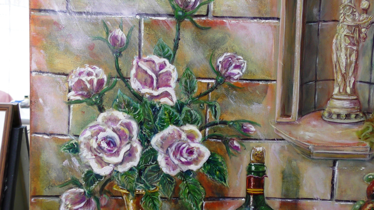 Still life with wine, roses and antique gold objects