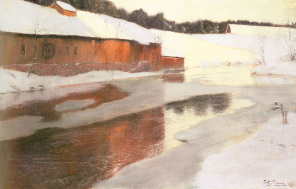 Frits Thaulow. A factory building near an icy river in winter