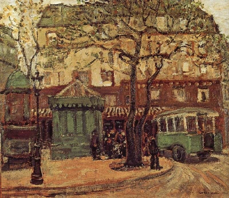 Grant Wood. Green bus on the street of Paris