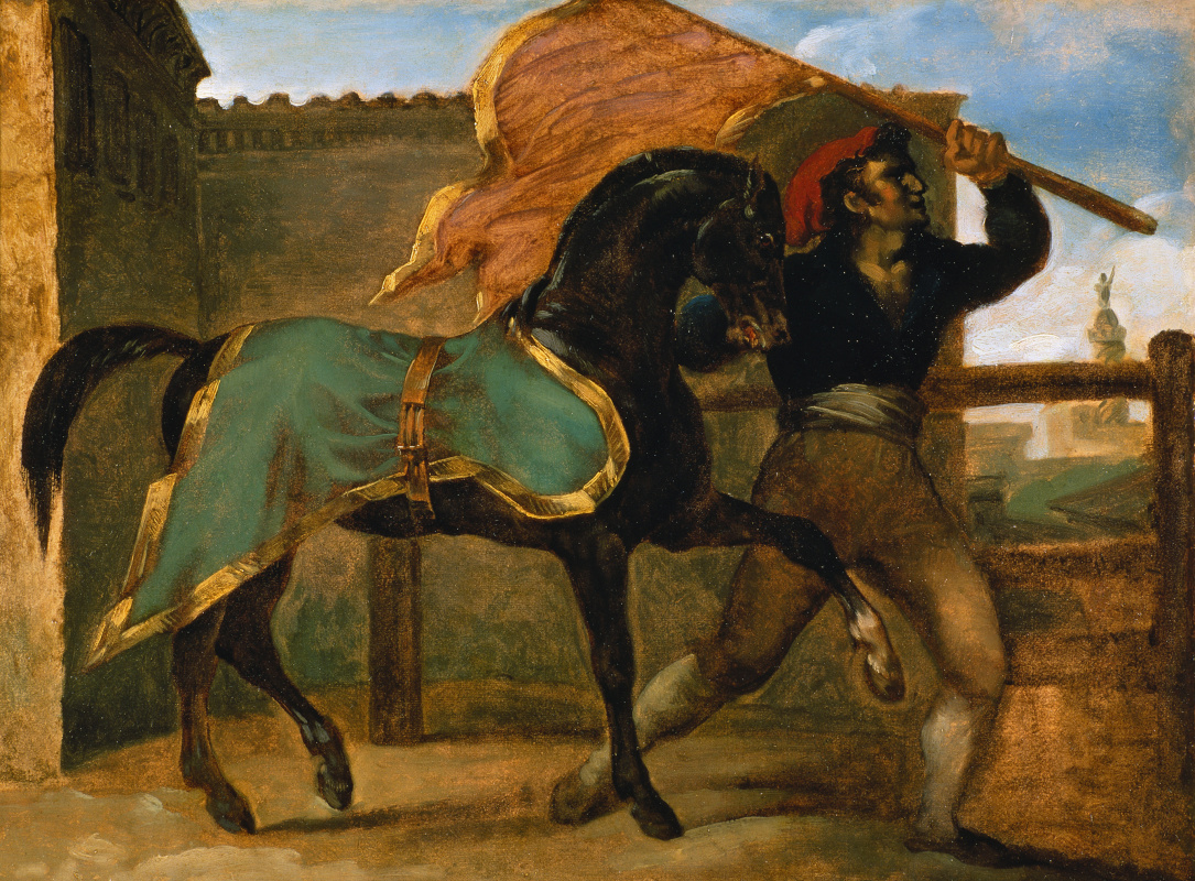 Théodore Géricault. Horse racing Horse under green and gold blanket
