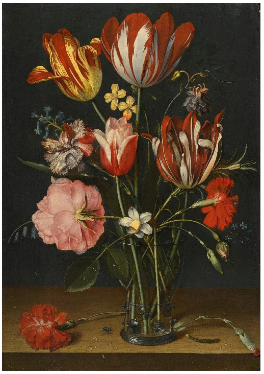 Jakob van Hülsdonk. Still life of tulips, carnations, roses and other flowers in a glass Cup