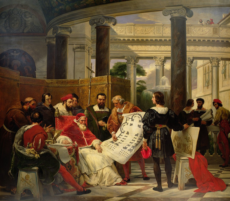 Emil Jean Oras Verne. Pope Julius II ordering Bramante, Michelangelo and Raphael to construct the Vatican and St. Peters